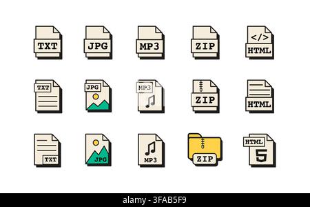 Set of file extension icons in retro old school style digital UI. TXT, MP3, ZIP, and HTML formats for various data types. Flat style vector illustrati Stock Vector