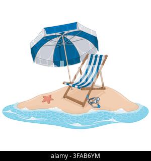 A colorful illustration of a paradise beach scene during summer vacation ideal for tourism relaxation tropical travel and summer projects. Stock Vector