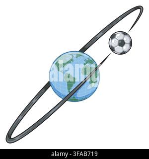 Color illustration of a soccer ball orbiting around the planet earth in space, representing global sport, international competition, and worldwide pas Stock Vector