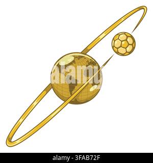 Luxury gold color style illustration of a soccer ball orbiting planet earth, perfect for luxury trophy concepts, victory, and worldwide championships. Stock Vector