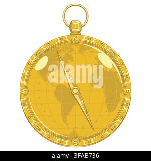 Luxury gold style illustration of an ancient compass over the world map, ideal for concepts of success, exclusive guidance, leadership, and great disc Stock Vector