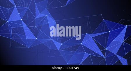 Futuristic digital background with interconnected dots and lines on blue. Vector realistic illustration of cyber mesh with abstract geometric shapes, scientific visualization of global connectivity Stock Vector