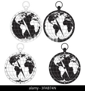Black and white graphic with lines and outlines of a vintage compass with cardinal points over the world map, clean design for coloring or iconography Stock Vector