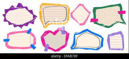 Collection of color stickers with ripped notebook textures. Vector realistic illustration of abstract shape dialogue labels and paper speech bubbles with crayon frames and sticky tape, school collage Stock Vector