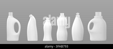 Realistic set of plastic detergent bottle mockups isolated on background. Vector illustration of blank 3D laundry product container, package for cleaning liquid, soap or softener, design template Stock Vector