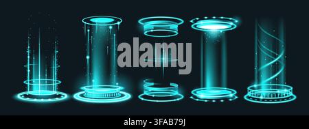 Glowing cyberpunk teleport gate with energy beams. Vector realistic illustration of holographic space portal with turquoise neon rings, fantasy game design elements set, virtual reality platform Stock Vector