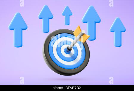 3D target icon with arrow hitting bullseye center. Vector realistic illustration of blue dartboard isolated on purple background, business goal achievement, symbol of strategic success, sports goal Stock Vector