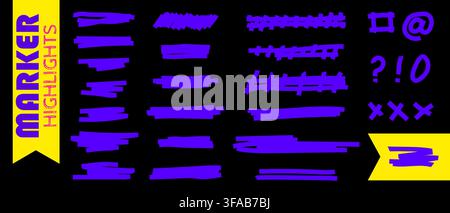 Purple felt-tip marker highlights, marker strokes with brush-like lines, hand-drawn underlines, crosses and wavy accents, and doodle-style highlight l Stock Vector