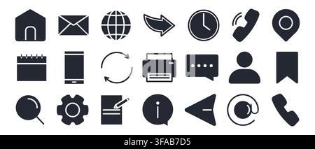 Contact phone icon featuring phone, email, and web symbols. Modern line pictograms for business communication, address details, and location Stock Vector