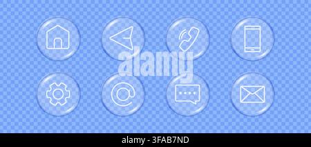 Glass button design with liquid morphism effect. Modern transparent UI icons for web apps. Digital interface elements with glossy texture and frosted Stock Vector