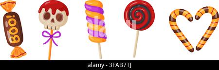 Set of Halloween lollipops and candies. Hand drawn trendy flat style isolated. Spooky sweets collection skull cake pop, spiral lollipop, candy cane he Stock Vector