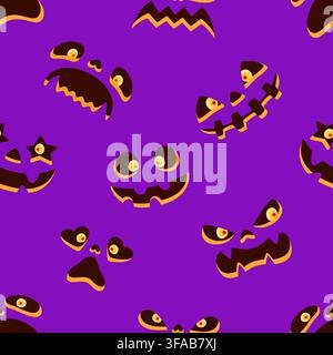 Seamless pattern of spooky and funny Halloween pumpkin faces on bright purple background. Vector flat illustration, Festive purple perfect for holiday Stock Vector