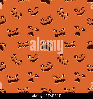 Seamless pattern of scary and funny Halloween pumpkin faces on an orange background. Vector flat illustration, ideal for wrapping paper, festive texti Stock Vector