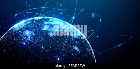 Digital world map with glowing orbital networks surrounding Earth. Stock Vector