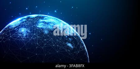 Global network visualization with glowing blue dots and lines forming Earth's sphere. Stock Vector