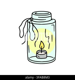 Hand drawn line art tea candle in mason jar icon vector illustration. Linear doodle glass candleholder Stock Vector