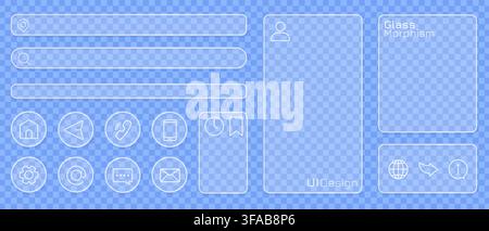 Glass button design with liquid morphism effect. Modern transparent UI icons for web apps. Digital interface elements with glossy texture and frosted Stock Vector