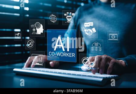 AI coworker and workplace automation concept. professional using computer with icon for chatbot, machine learning, cloud system, analytics, collaborat Stock Photo