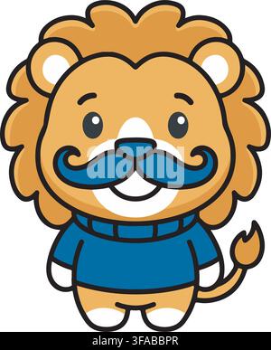 Lion Cub Wearing Blue Sweater Big Blue Mustache Gentleman Safari Animal Vector Illustration Graphic Clip Art Stock Vector