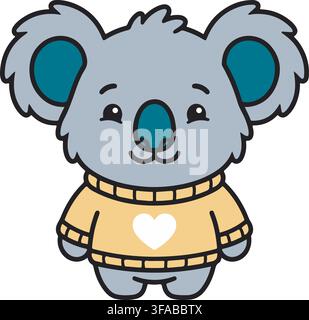Koala Wearing Yellow Heart Sweater Cozy Autumn Winter Australian Animal Vector Illustration Graphic Clip Art Stock Vector