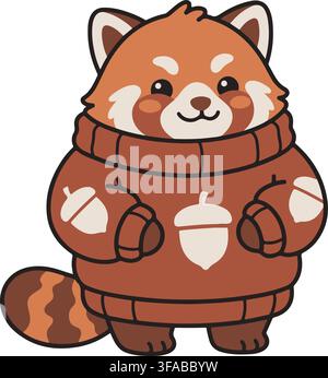 Red Panda Wearing Acorn Knit Sweater Autumn Cozy Fall Woodland Animal Vector Illustration Graphic Clip Art Stock Vector
