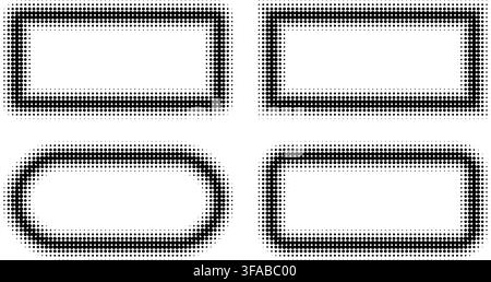 Rectangle halftone frames with comic style dots. Black and white vignette borders create retro graphic elements perfect for creative overlay designs. Stock Vector