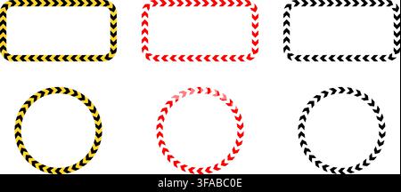Circle and rectangle borders with chevron arrows create dynamic warning frames. Bold yellow and red stripes form attention grabbing patterns for safety indicators and caution signs. Stock Vector