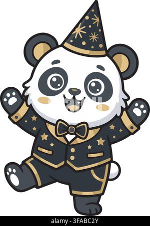 Cute Baby Panda Wearing Black Gold Tuxedo Party Hat New Year Birthday Vector Illustration Graphic Clip Art Stock Vector
