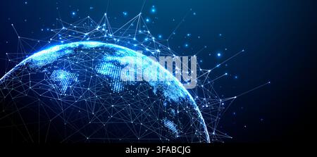 Global network visualization with connected dots and polygons forming a digital world map. Stock Vector