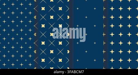 Blue background with gold sparkles and stars set. Collection of seamless patterns featuring the night sky with stars. Festive minimalist austere print Stock Vector