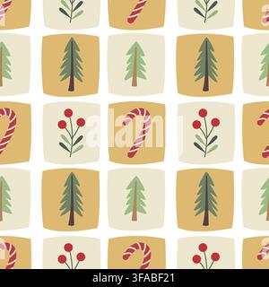 Christmas seamless pattern tree candy cane berry background vector template wrapping paper design Stock Vector