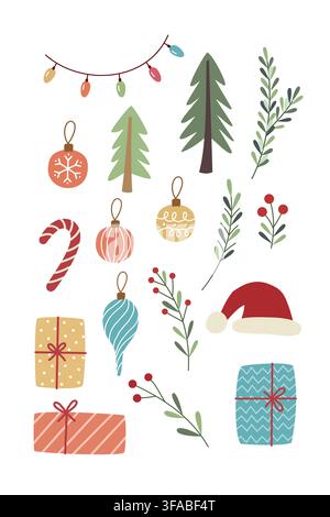 Christmas vector clipart set with holiday decorations gifts and pine tree Stock Vector