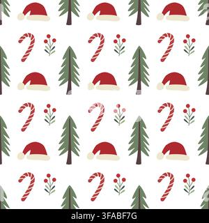 Christmas seamless pattern with santa hat pine tree and candy cane Stock Vector