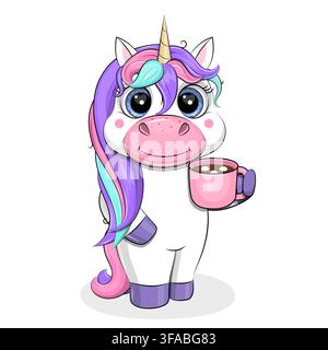 Cute Cartoon Unicorn and Mug with Hot Chocolate. Vector illustration of animal on white background. Stock Vector