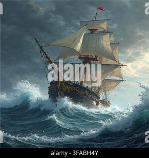 Ship Caught in a Massive Sea Storm | Giant Waves & Extreme Ocean, ship in the sea storm, boat in the sea storm, sea storm Stock Vector