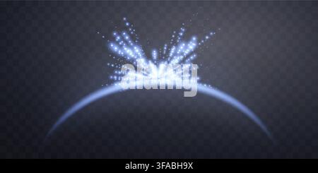 Blue magic arch with glowing particles, sunlight lens flare. Neon realistic energy flare arch. Abstract light effect on a transparent background Stock Vector