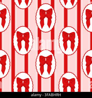 Red Bow Striped Oval Frame Seamless Pattern Stock Vector