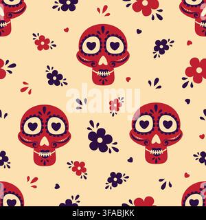 Dia de los Muertos Day of the Dead Sugar Skull Seamless Pattern with Flowers and Hearts on Beige Background Stock Vector