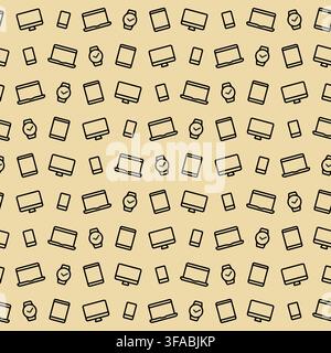 Seamless vector pattern technique on a beige background. Contour icons of laptop, monitor, phone, smart watch. Vector illustration Stock Vector
