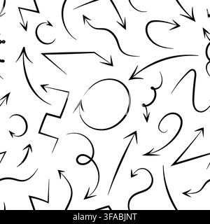 Seamless pattern of black drawn Arrows. Sharp and wavy types of Pointers. Path vector. Directions up, down, left, right. Arrow in a circle. Doodle Cur Stock Vector