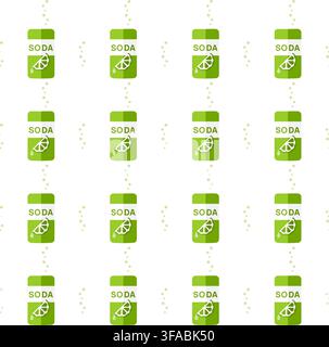 Seamless pattern of soda cans and bubbles. Lime lemonade, green tin. Sweet carbonated drink. Lime slice on a jar. Thirst. Flat style. Vector illustrat Stock Vector