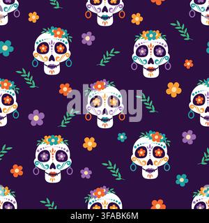 Dia de los Muertos Sugar Skull Seamless Pattern with Floral Crowns, Colorful Flowers and Leaves on Dark Purple Background Stock Vector