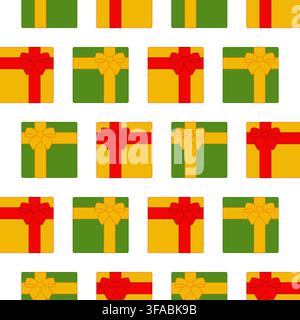 Seamless gift pattern with ribbons and bows on a white background. Surprise for the holiday. Gift boxes for Christmas and Birthday. Christmas present. Stock Vector