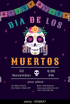 Dia de los Muertos Party Invitation Template with Sugar Skull and Papel Picado, Colorful Day of the Dead Celebration Poster Stock Vector