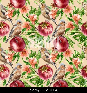 Pomegranate and birds seamless pattern. Ripe red fruits, green leaves and pink flowers. Hand drawn watercolor illustration in a botanical style. Suita Stock Photo
