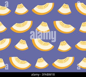 Seamless bright pattern of yellow melon pieces on a purple background. Fruit pattern. Vector illustration Stock Vector