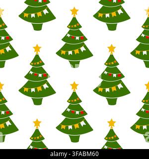 Seamless pattern Christmas tree with flags and star. Decorated coniferous tree. Christmas pattern on a white background. Vector illustration Stock Vector