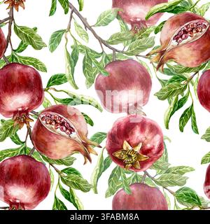 Pomegranate branches seamless pattern. Ripe red fruits, whole and cut, with green leaves. Hand drawn watercolor illustration in a botanical style. Sui Stock Photo