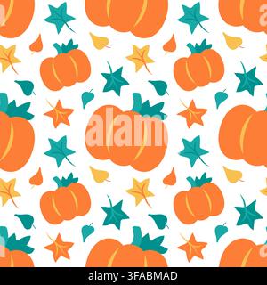 Pattern Pumpkin with Leaves on a white background. Autumn print with maple and oak leaves and Harvest. Vivid colors are orange, green and yellow. Flat Stock Vector