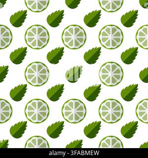 Pattern Slice of lime and mint leaves. Ingredients for tea or Mojito cocktail recipe. Seamless pattern Piece of citrus fruits and herbs on a white bac Stock Vector
